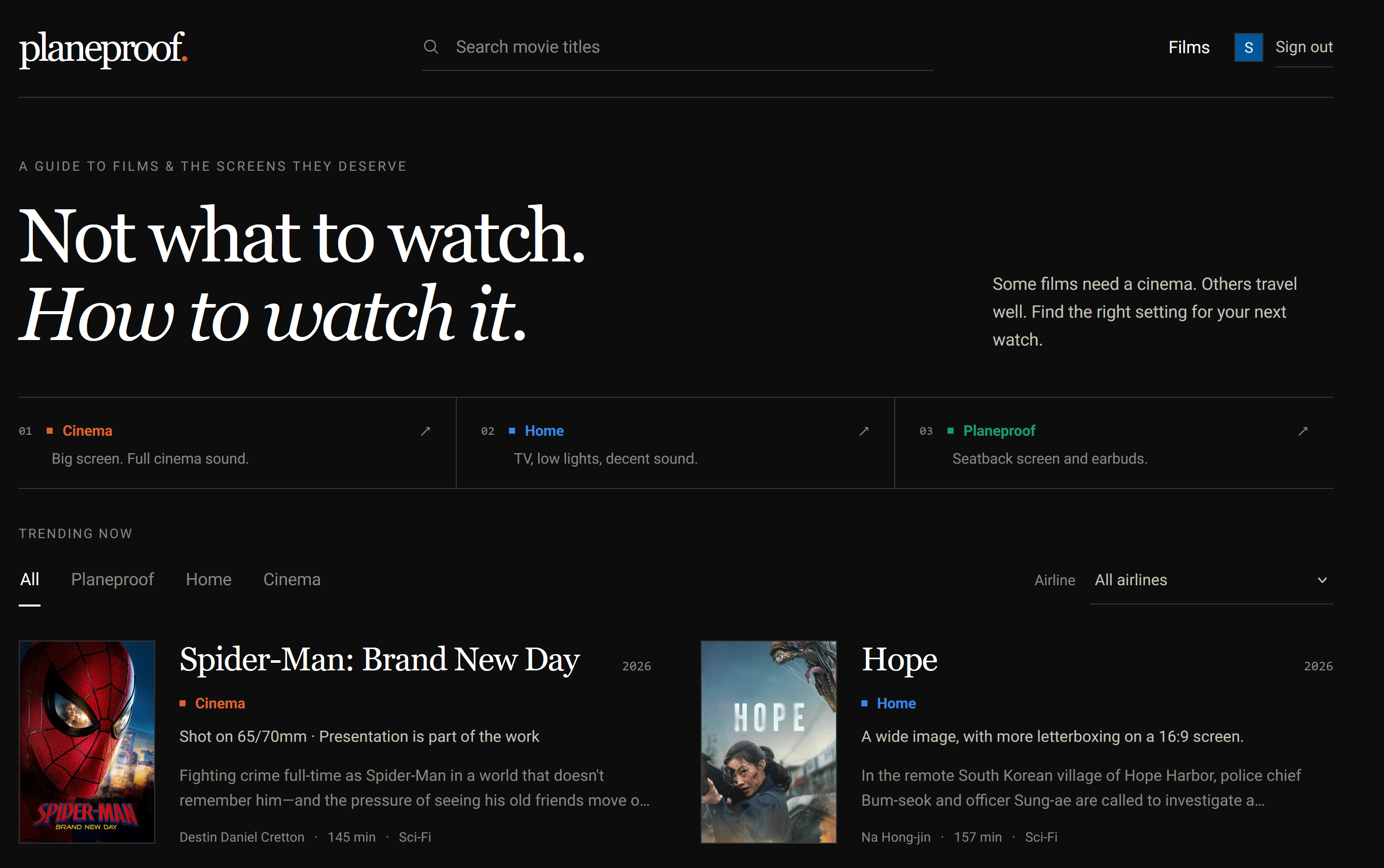 Planeproof homepage showing film search, cinema, home, and plane viewing categories, and trending films.